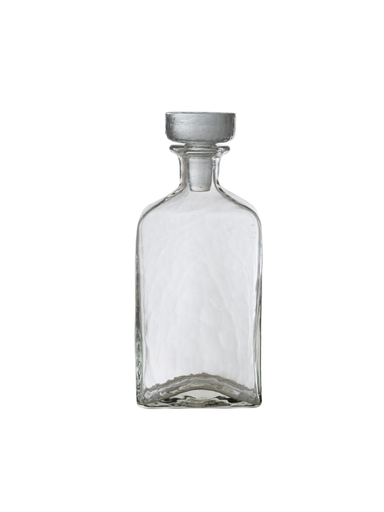 Clear recycled glass decanter with a rectangular silhouette and matching glass stopper, ideal for serving whiskey, bourbon, wine, or displaying as a decorative bar accessory.