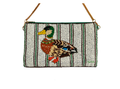 Hand-beaded clutch with mallard duck design on a striped neutral background, featuring green accents and a gold chain strap.