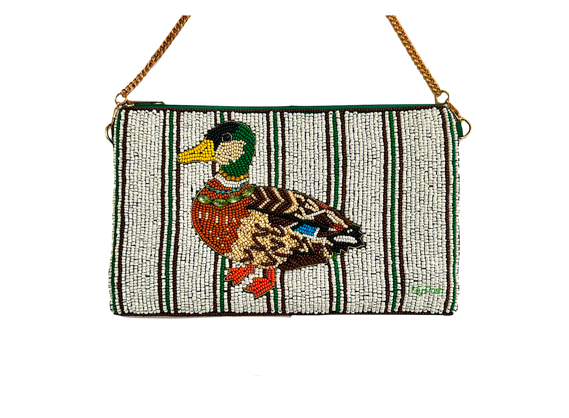 Hand-beaded clutch with mallard duck design on a striped neutral background, featuring green accents and a gold chain strap.