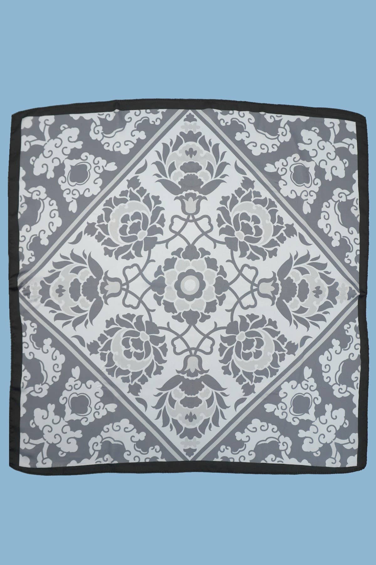 Vintage Floral Print Silky Feel Bandana Scarf in Grey