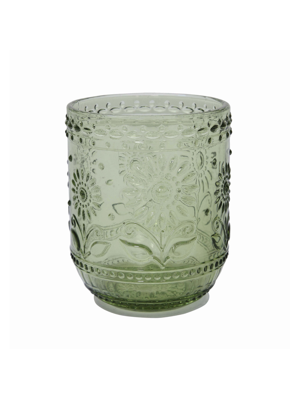Set of four vintage-style green drinking glasses with embossed floral patterns, beaded detailing, and a soft translucent green finish.