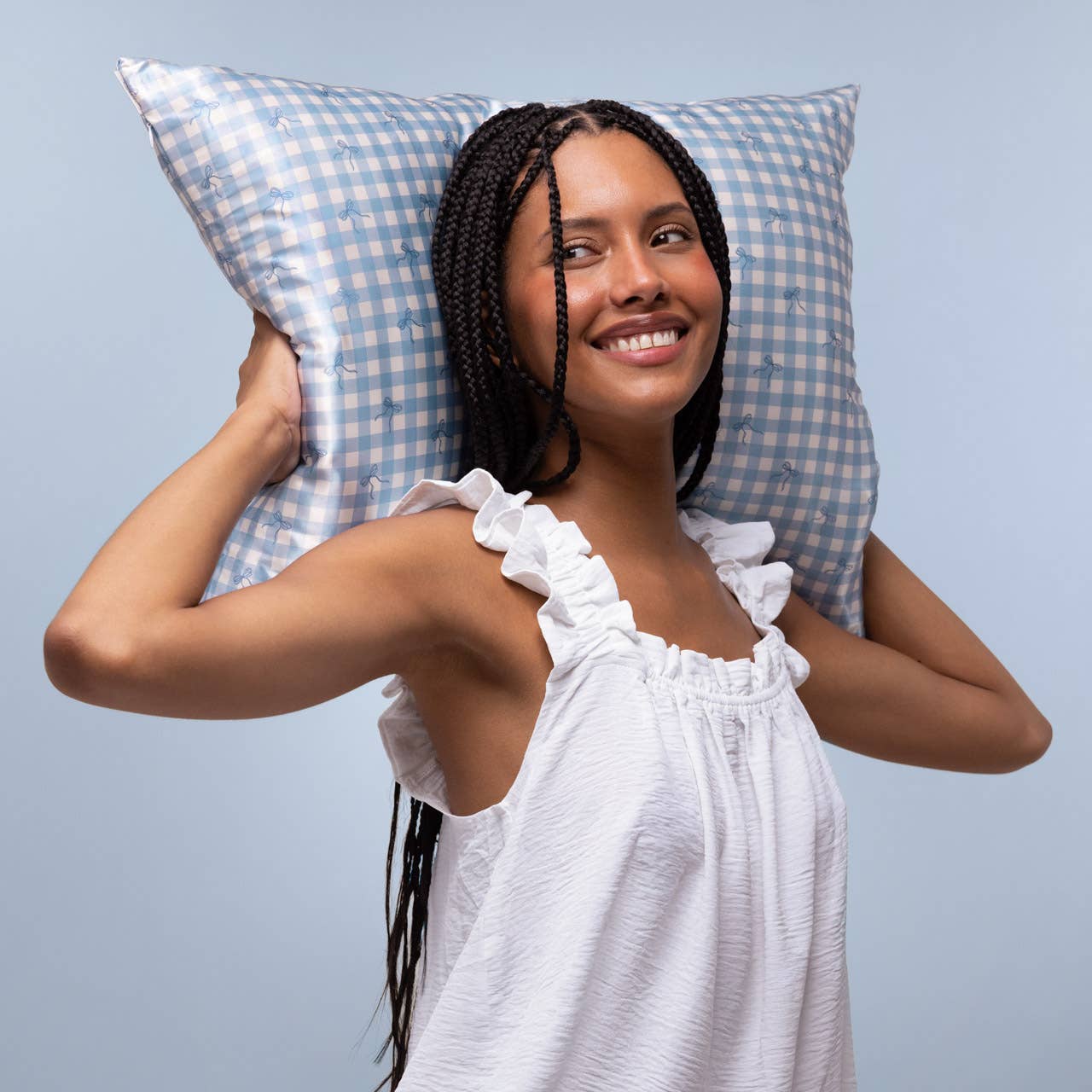 Satin Pillowcase Standard in Gingham Blue By Kitsch