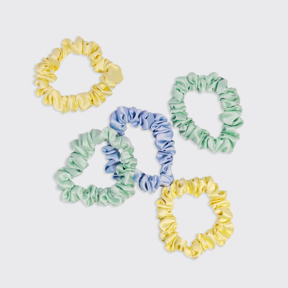 Ruched Satin Scrunchies 5pc Set in Yellow and Blue By Kitsch