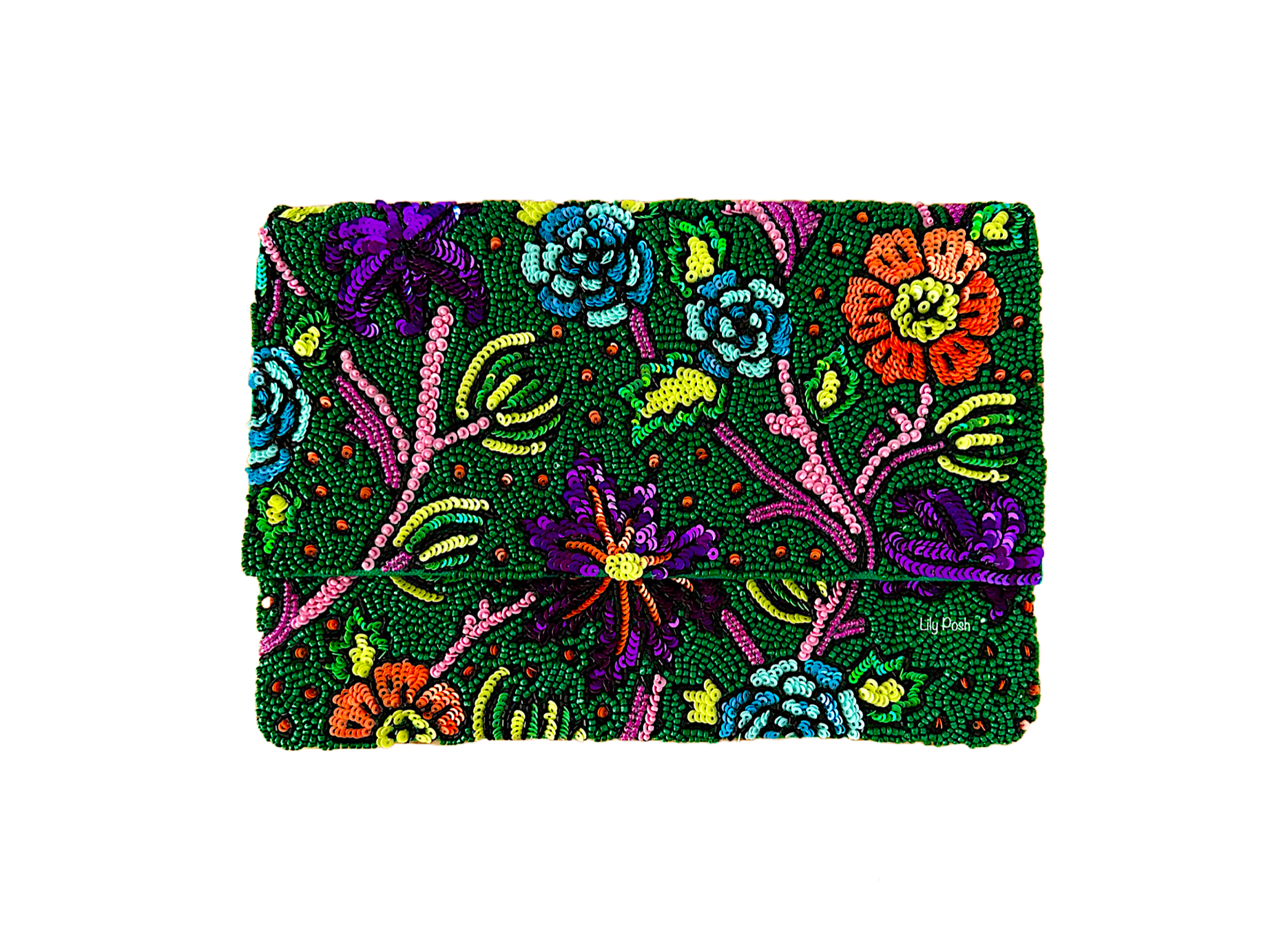 Hand-beaded floral clutch crossbody bag by Lily Posh featuring colorful flower design and removable chain strap.