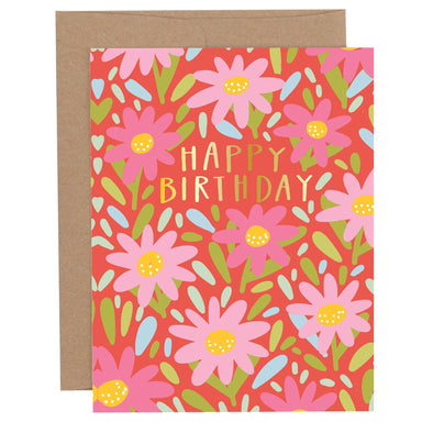 Floral birthday card with 'Happy Birthday' text on a red background