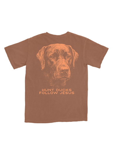burnt orange tee with dog art work