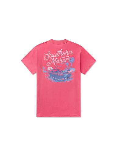 Pink t-shirt with 'Southern Marsh' logo and graphics of a boat