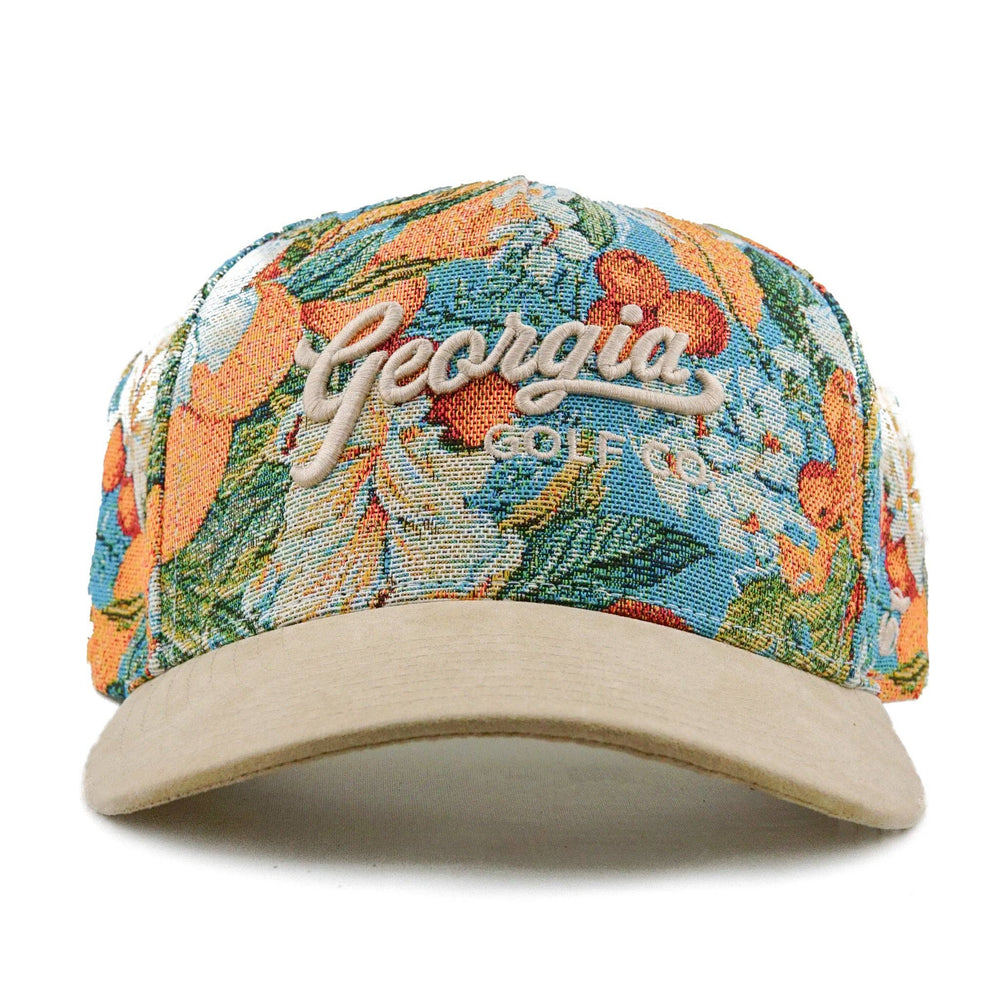 Floral-patterned cap with 'Georgia' text on a white background