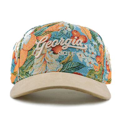 Floral-patterned cap with 'Georgia' text on a white background