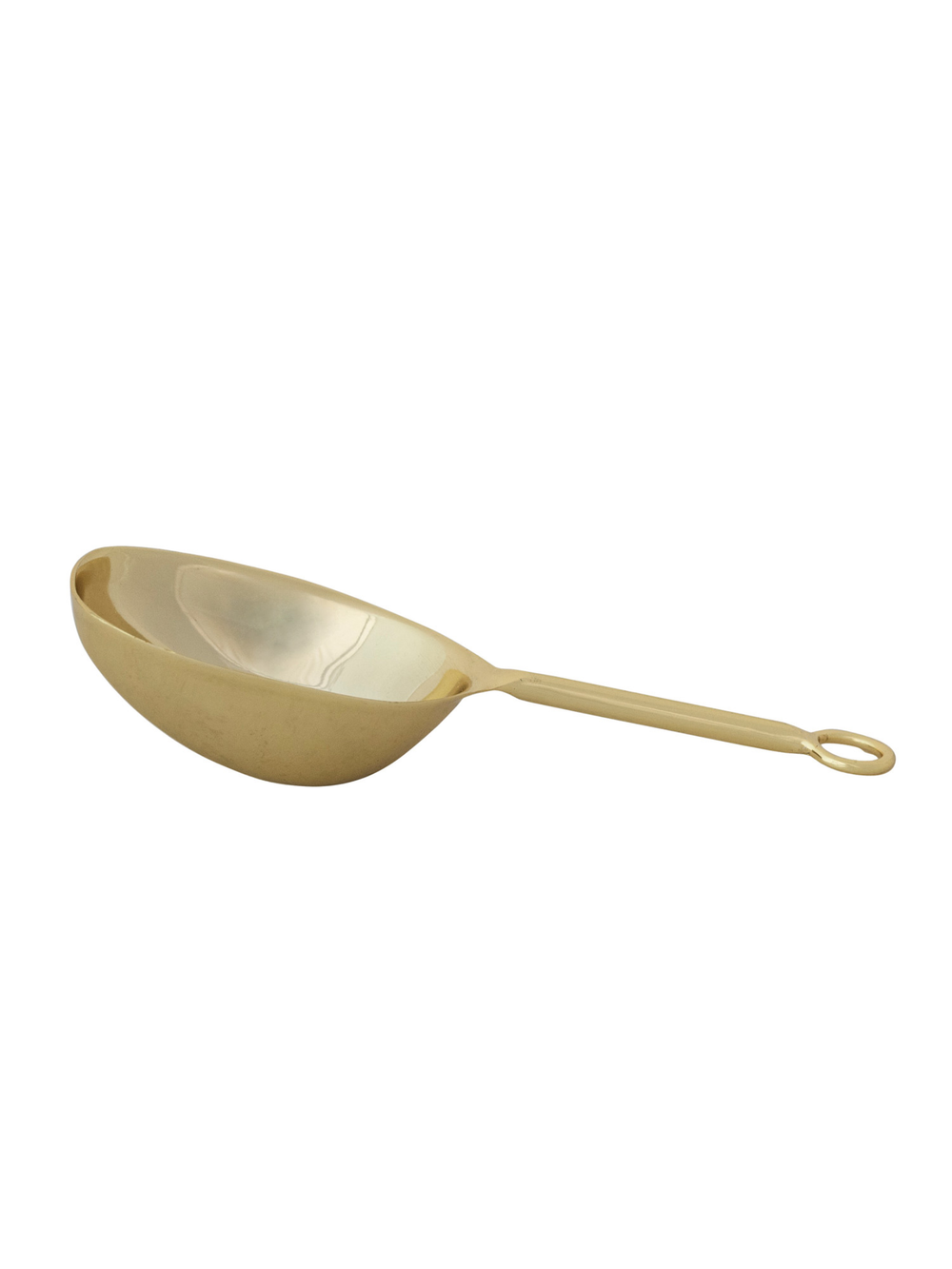 Brass metal scoop with a brushed gold finish, deep oval bowl, and long handle with hanging loop, perfect for scooping coffee beans, tea, baking ingredients, or pantry staples.