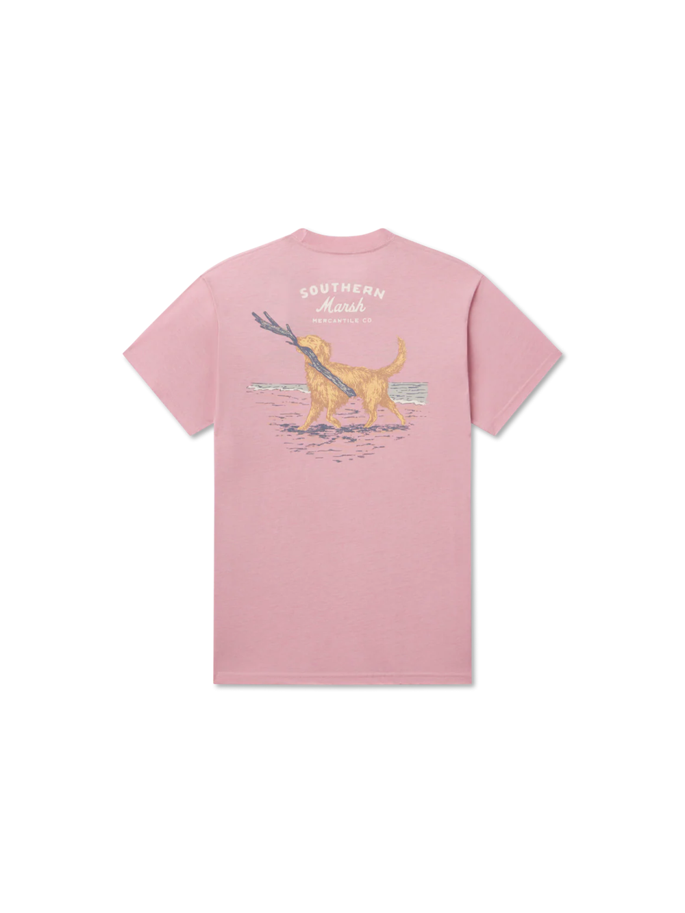 Pink t-shirt with a graphic of a dog with a stick