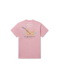 Pink t-shirt with a graphic of a dog with a stick