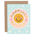 happiest birthday card with a smiley face and stars