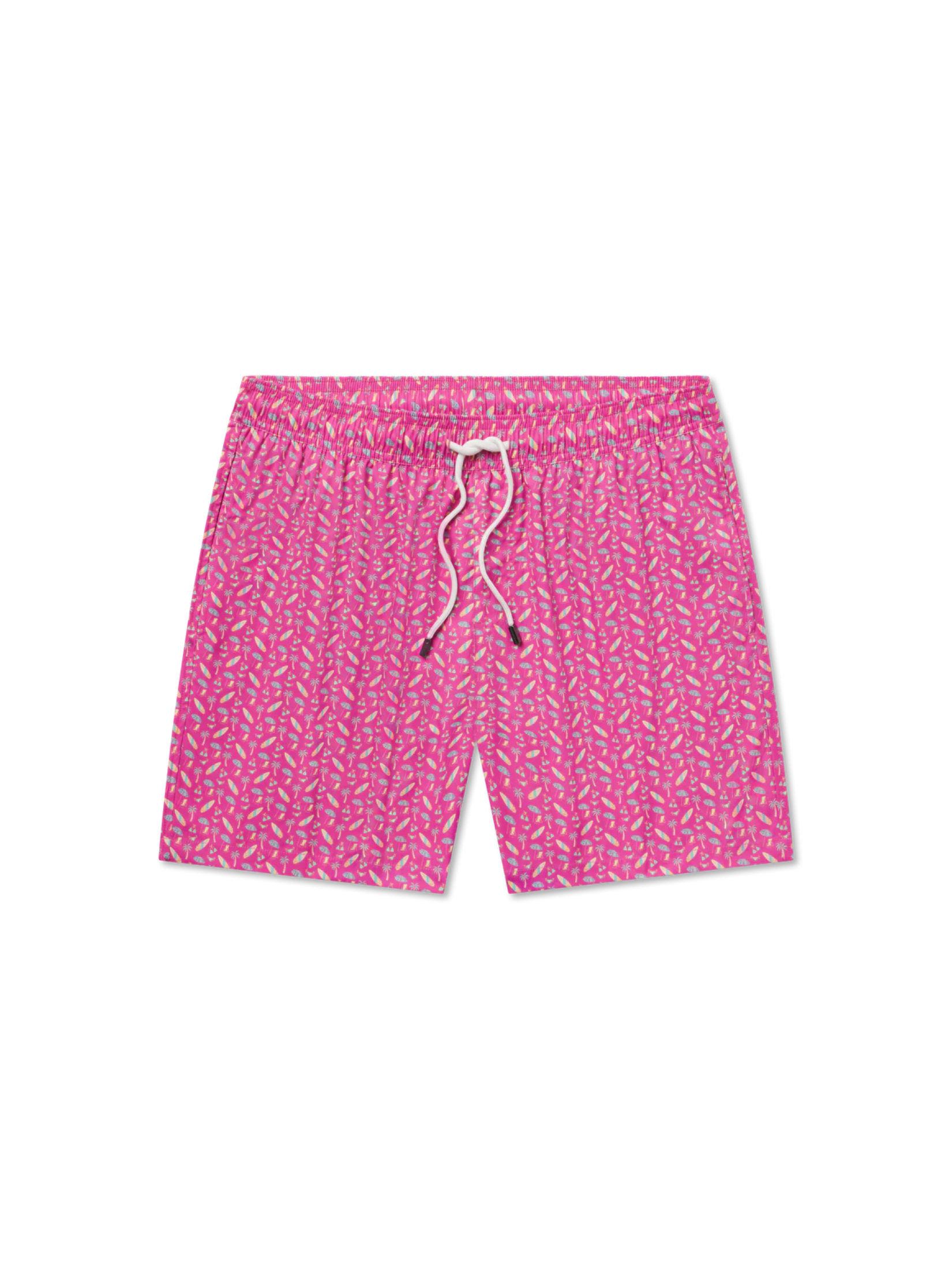 Pink swim shorts with surfboard and palm tree pattern 