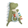 Green dinosaur-shaped toy with a teething ring on a white background