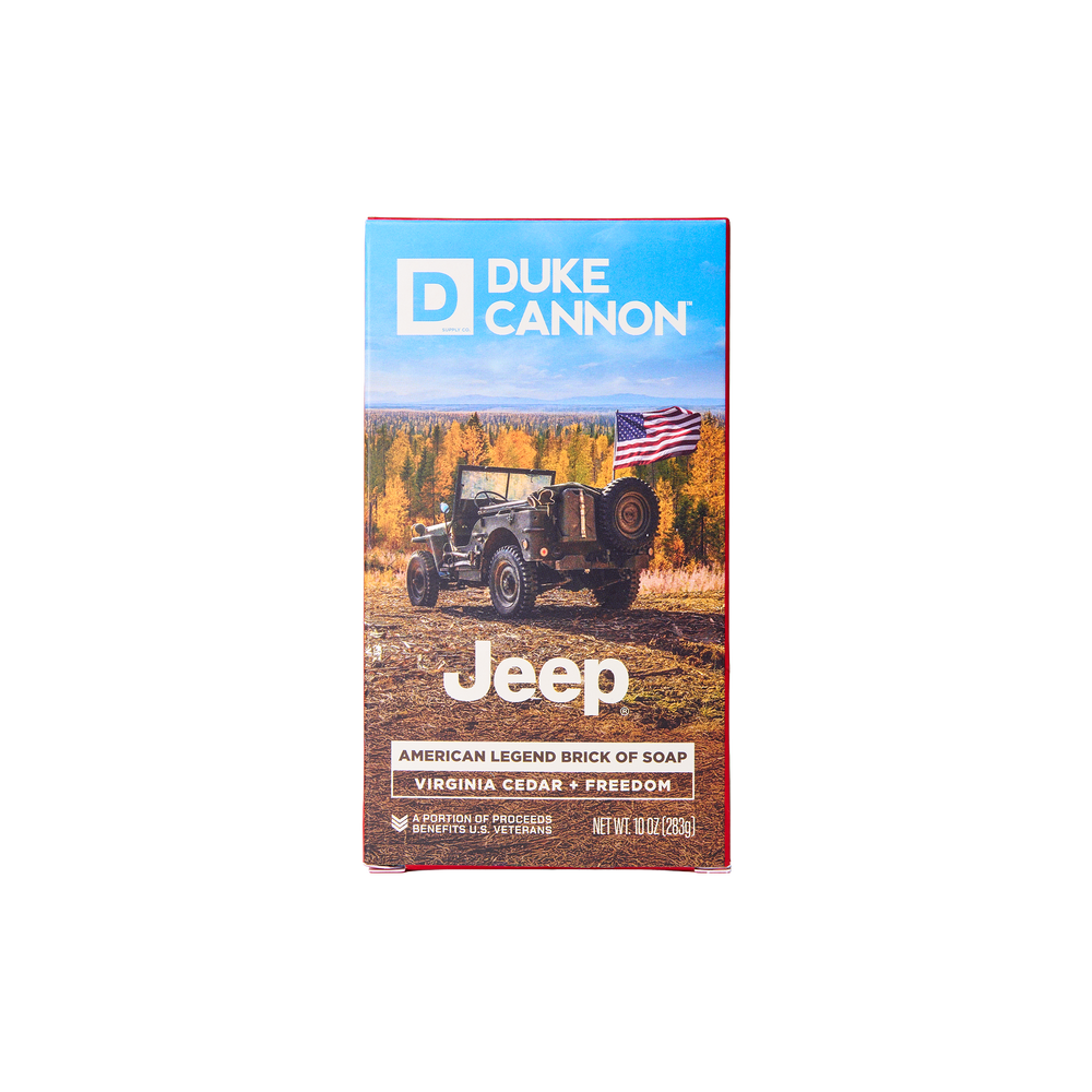 Soap package with a Jeep graphic and Duke Cannon branding