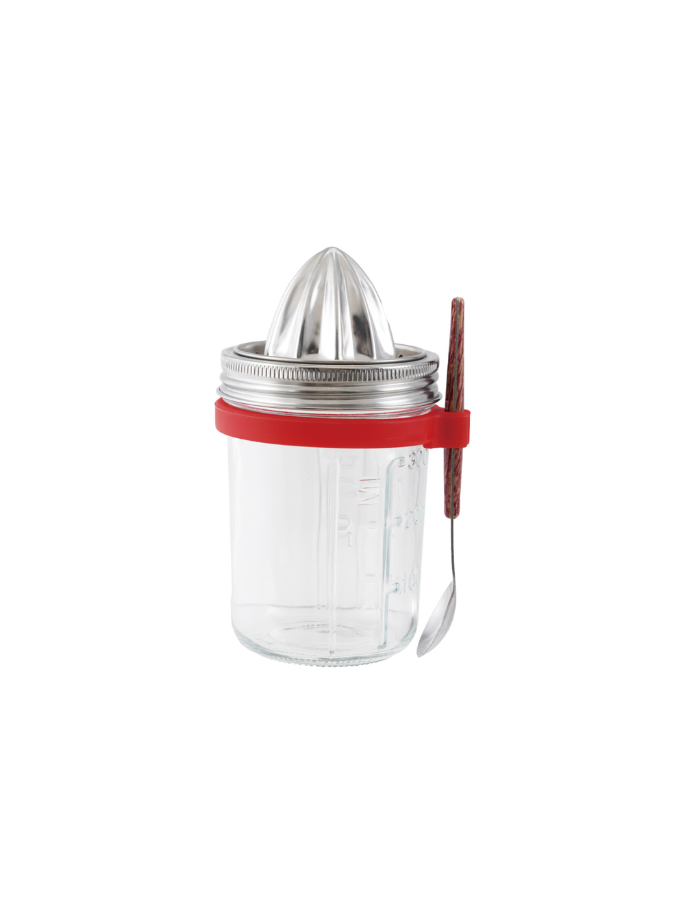 Glass mason jar citrus juicer with a stainless steel reamer top, red silicone spoon holder, and attached spoon, designed for easily juicing citrus fruits directly into the jar.