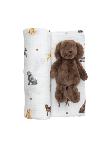 yellow and chocolate lab dog swaddle & rattle