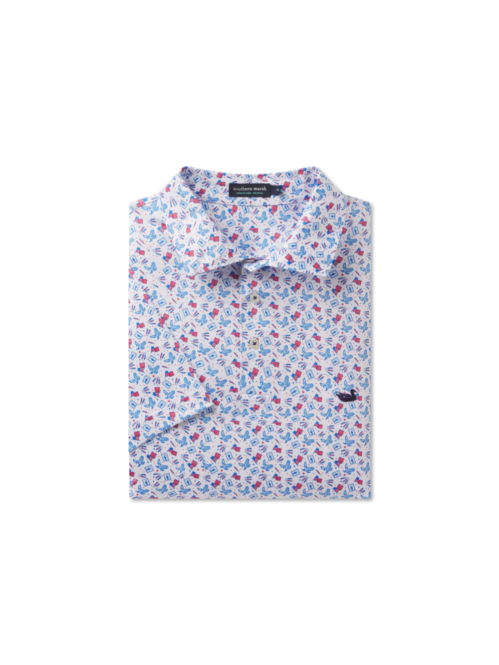 white polo with patriotic pattern 