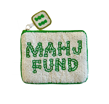 Beaded pouch with 'Mali Fund' text on a white background