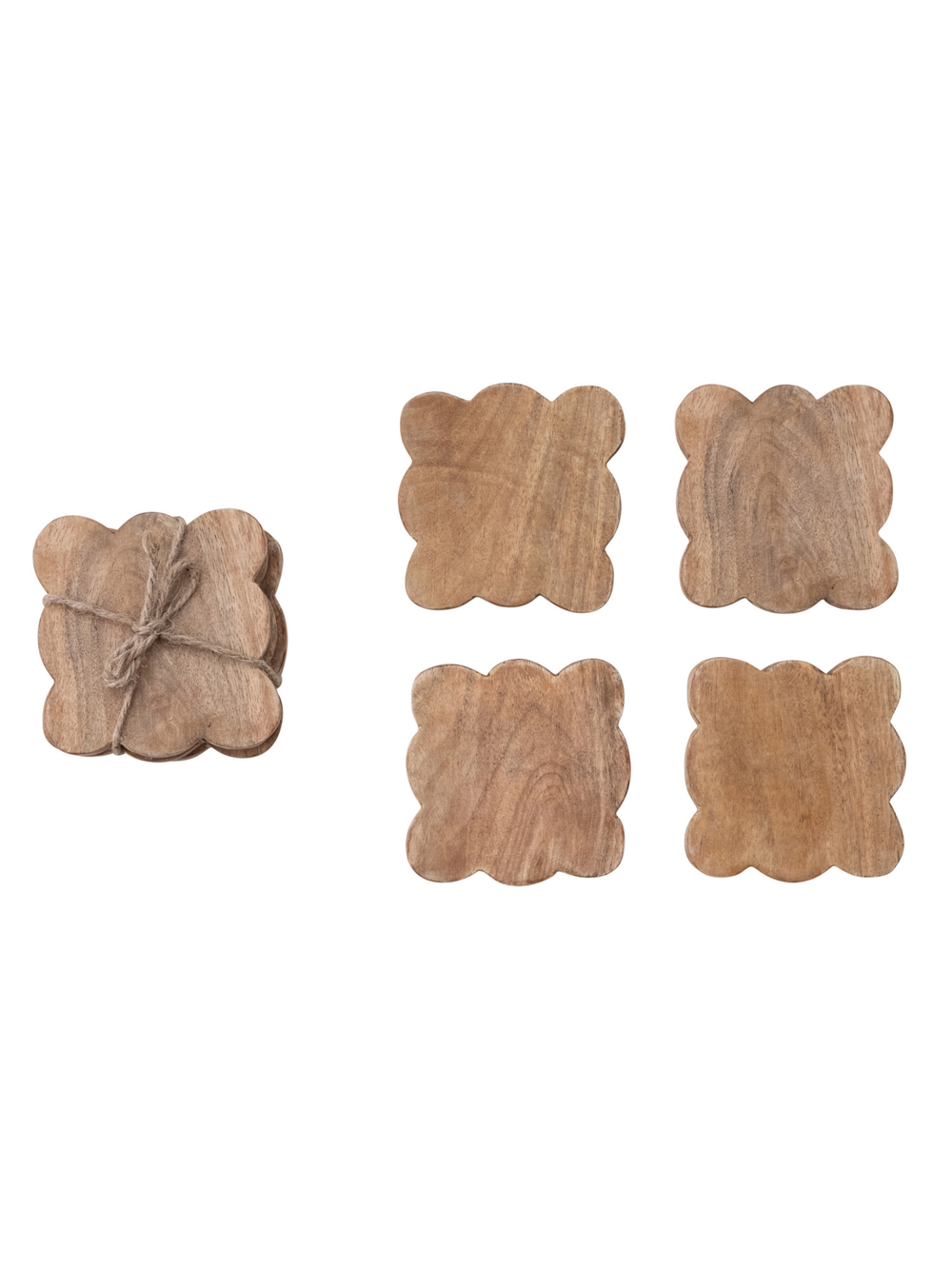 Set of scalloped mango wood coasters with natural wood grain and rustic jute tie, designed to protect tabletops while adding warm decorative charm to any home.