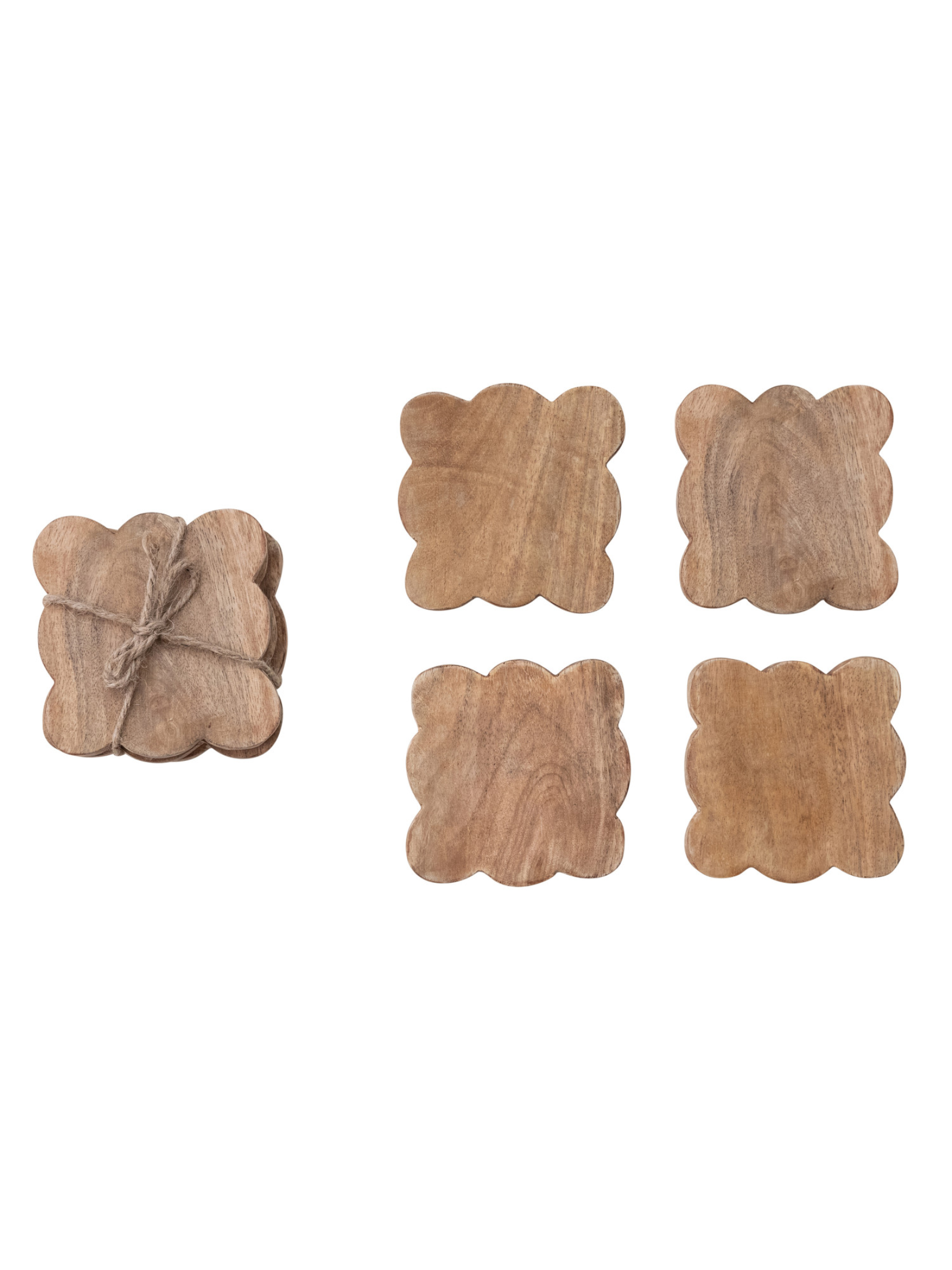 Set of scalloped mango wood coasters with natural wood grain and rustic jute tie, designed to protect tabletops while adding warm decorative charm to any home.