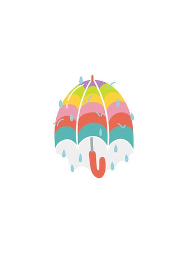 Colorful cartoon umbrella with raindrops on a white background