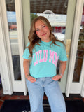 mint tee with polka dot brand name 