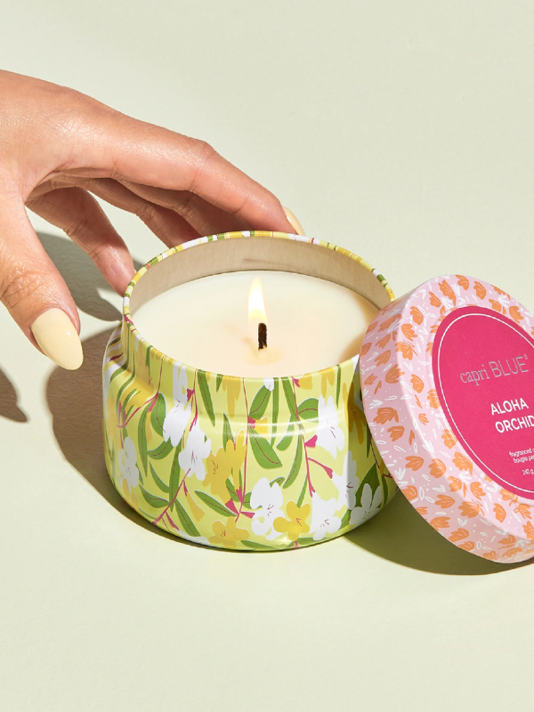 Aloha Orchid Pattern Play Printed Travel Tin Candle 8.5 oz