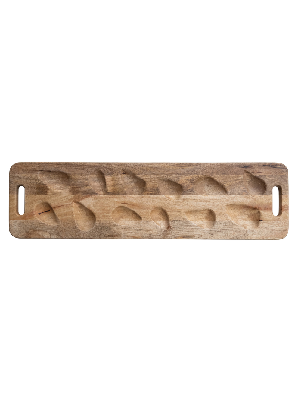 Mango wood oyster serving board with carved individual wells and built-in handles, designed for serving oysters on the half shell, appetizers, and seafood presentations.