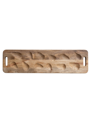 Mango wood oyster serving board with carved individual wells and built-in handles, designed for serving oysters on the half shell, appetizers, and seafood presentations.