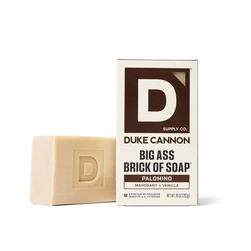 Bar of soap with Duke Cannon packaging on a white background