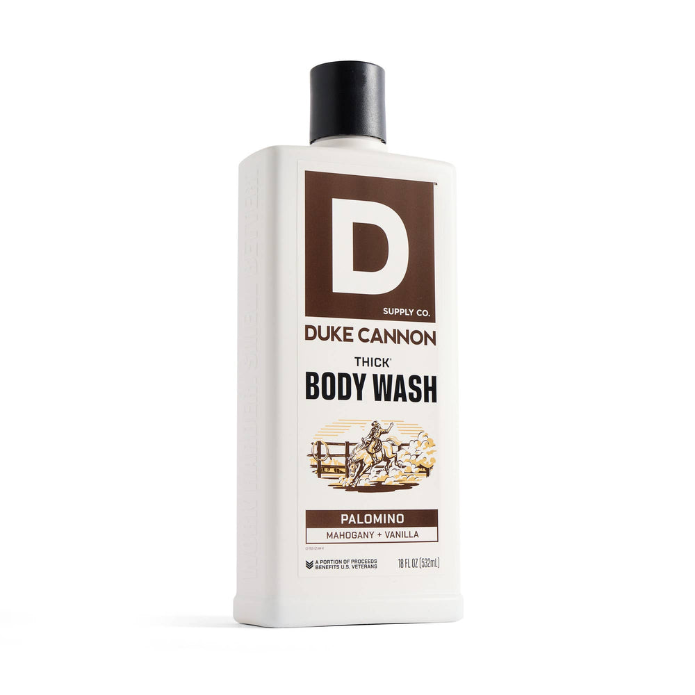 Duke Cannon body wash bottle on a white background