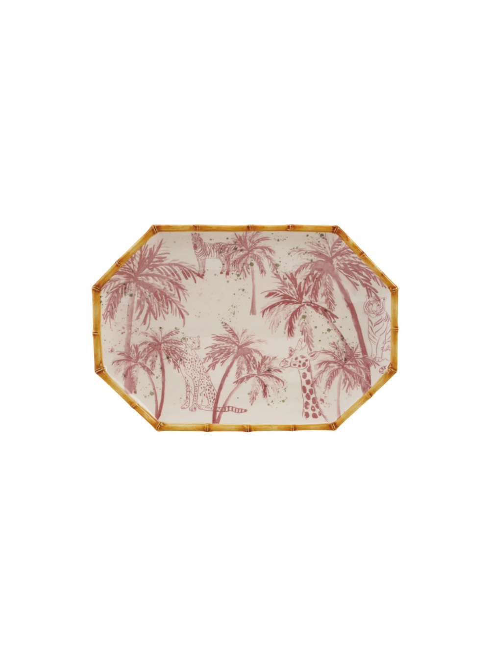 Octagonal decorative tray with pink safari animal and palm tree design, accented with a faux bamboo border.