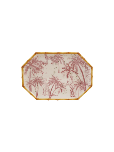 Octagonal decorative tray with pink safari animal and palm tree design, accented with a faux bamboo border.