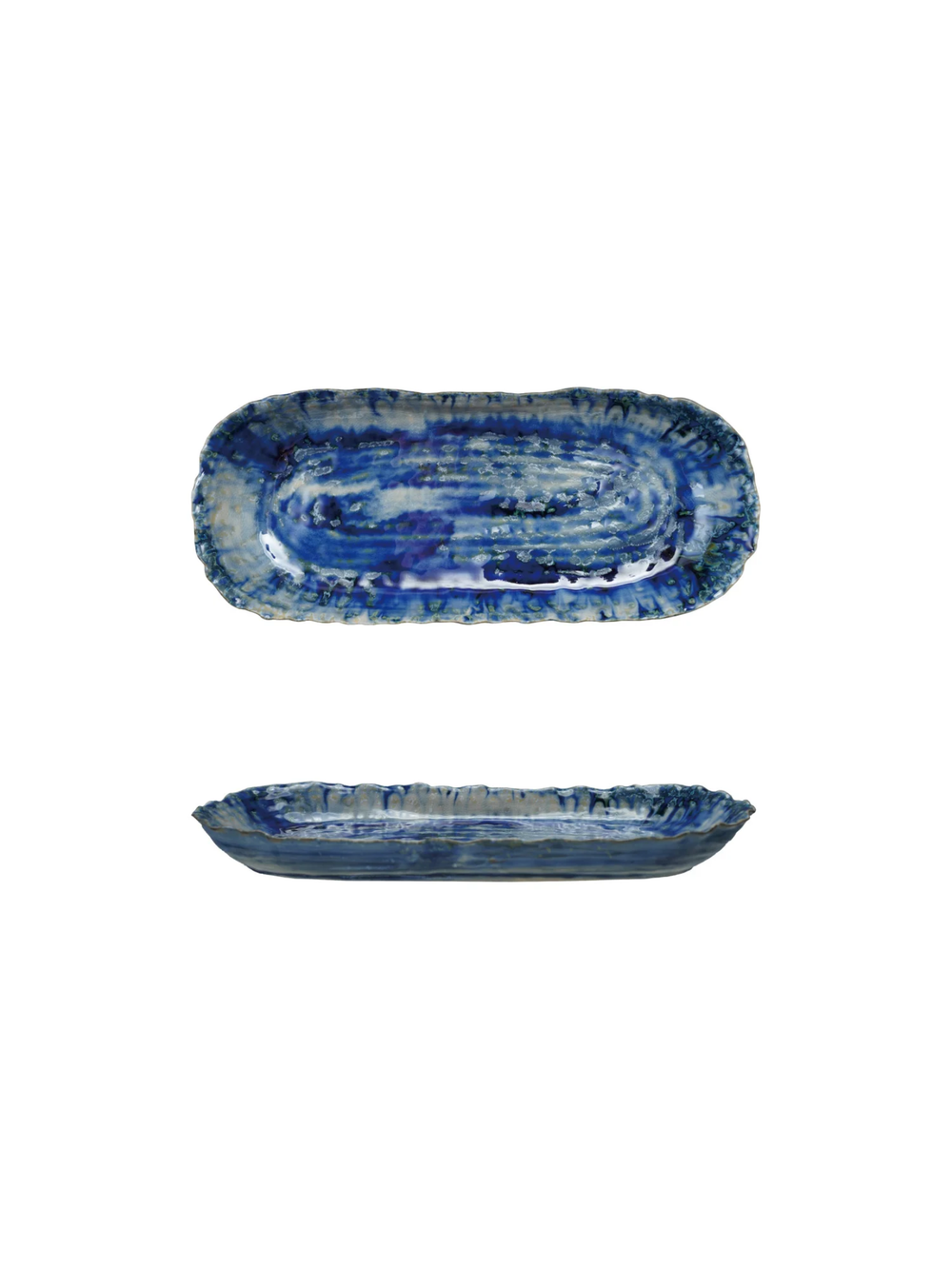 Handcrafted stoneware tray with a reactive blue glaze, elongated oval shape, textured edges, and layered shades of cobalt, navy, and sky blue, perfect for serving or decorative display.