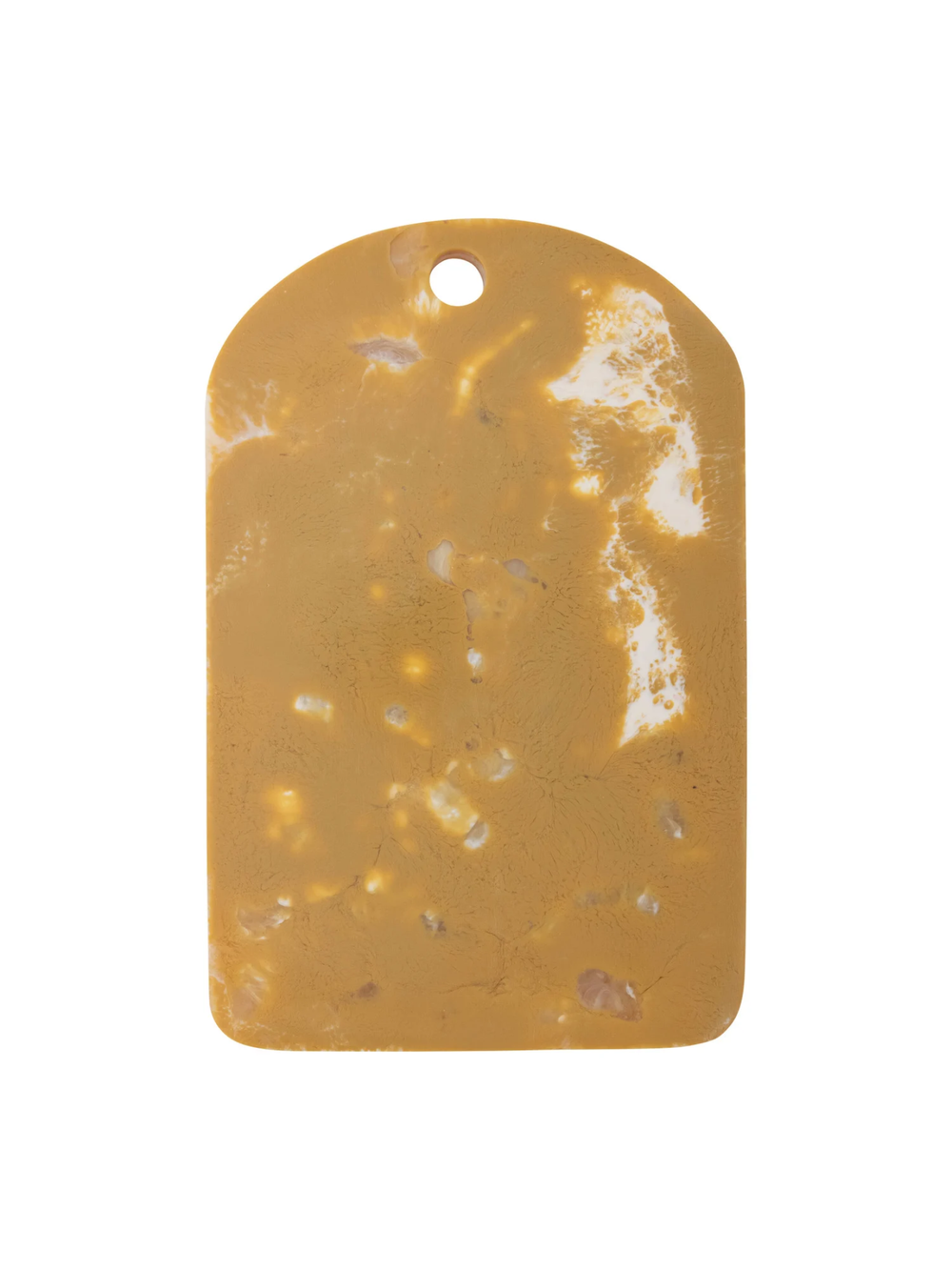Rectangular amber marbled serving board with rounded top corners and hanging hole, featuring unique swirls of golden honey, caramel, and ivory tones.