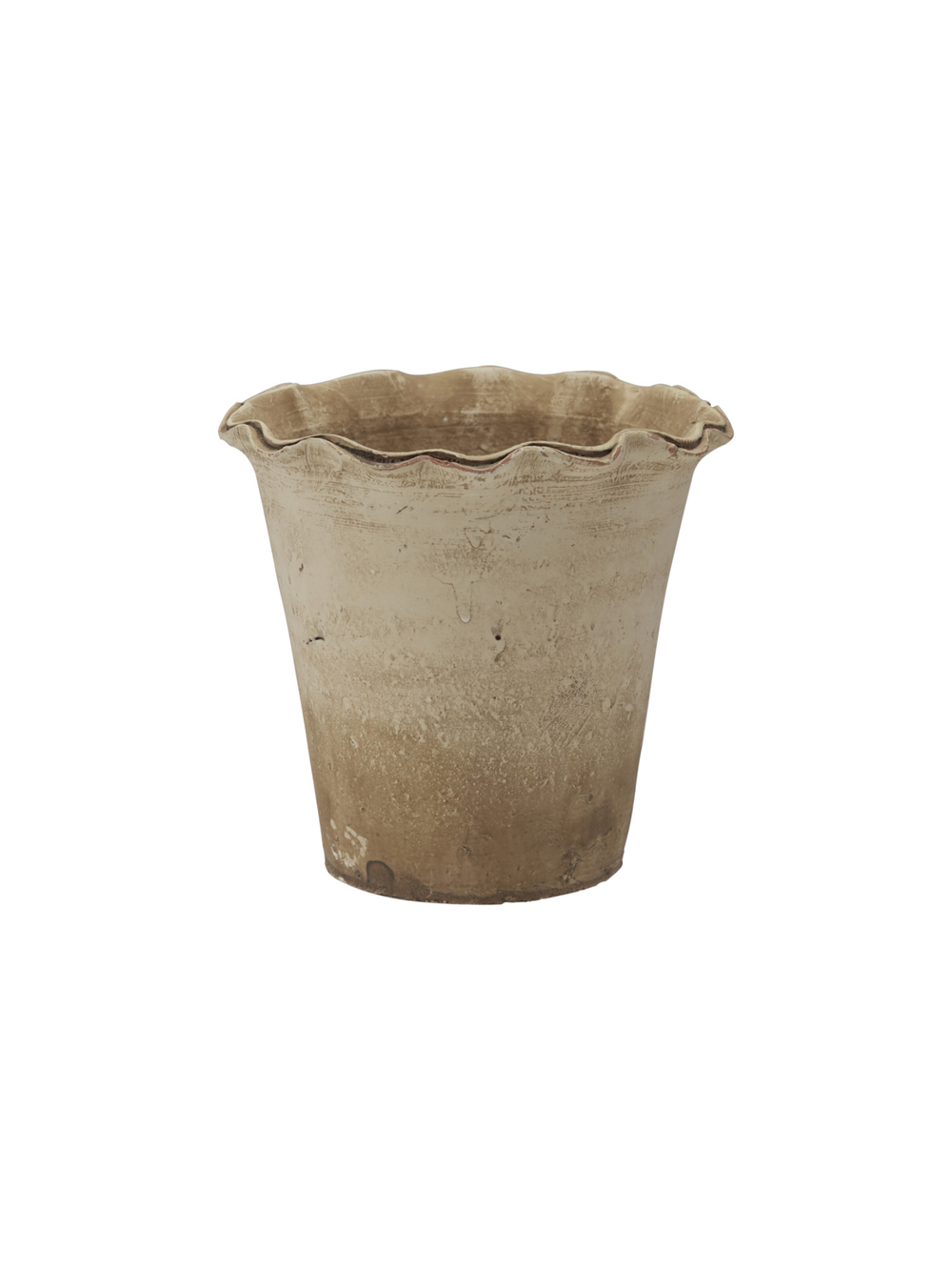 Weathered terracotta planter with a distressed antique finish and scalloped rim, perfect for displaying houseplants, herbs, succulents, or seasonal flowers in farmhouse and cottage-inspired spaces.