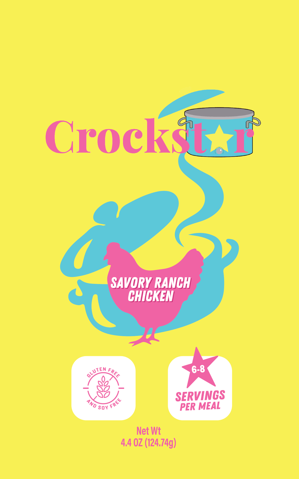 Crockpot savory ranch chicken packaging with colorful design on a yellow background