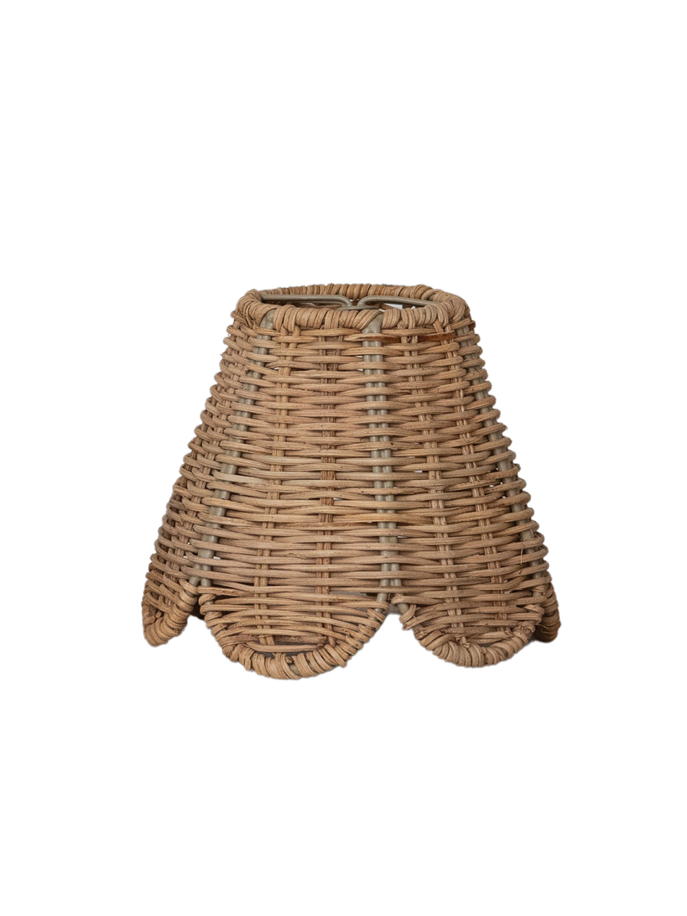 Natural woven rattan lamp shade with scalloped edges and a tapered silhouette, designed to add texture and warmth to home décor.