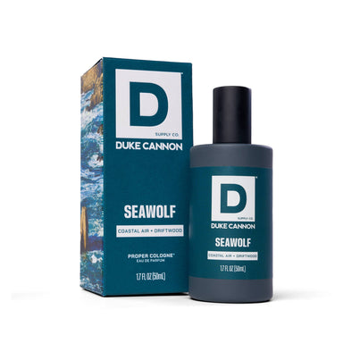 Duke Cannon Seawolf cologne bottle and packaging on a white background
