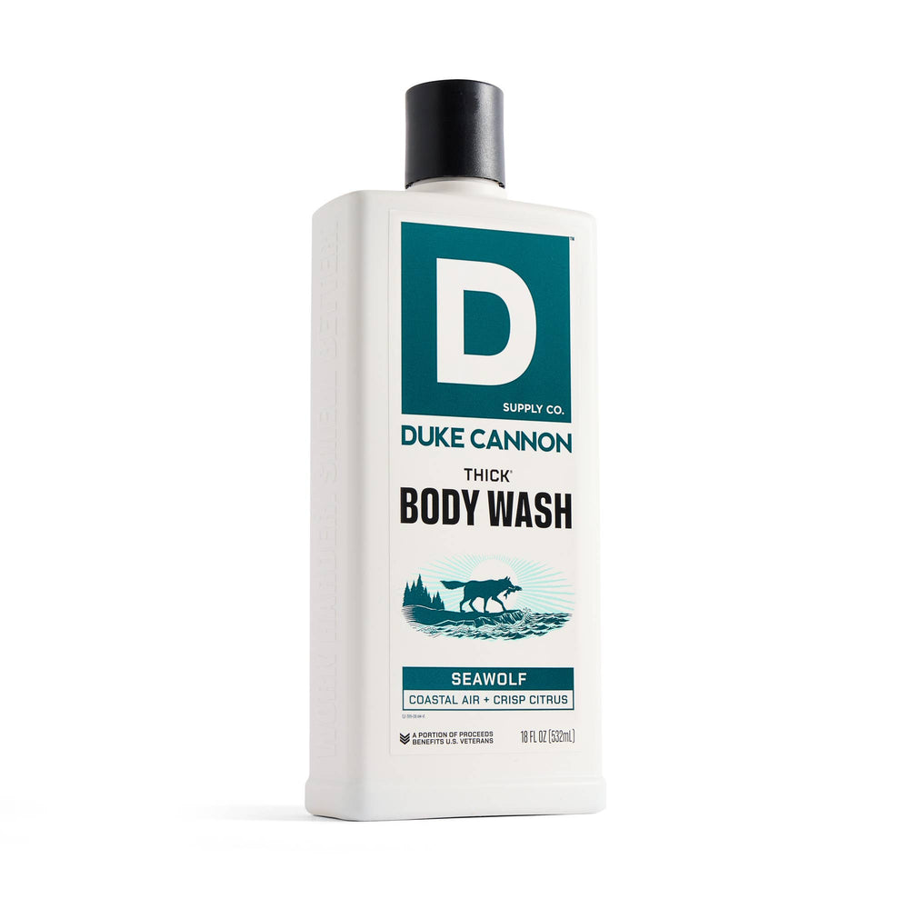 Duke Cannon body wash bottle on a white background