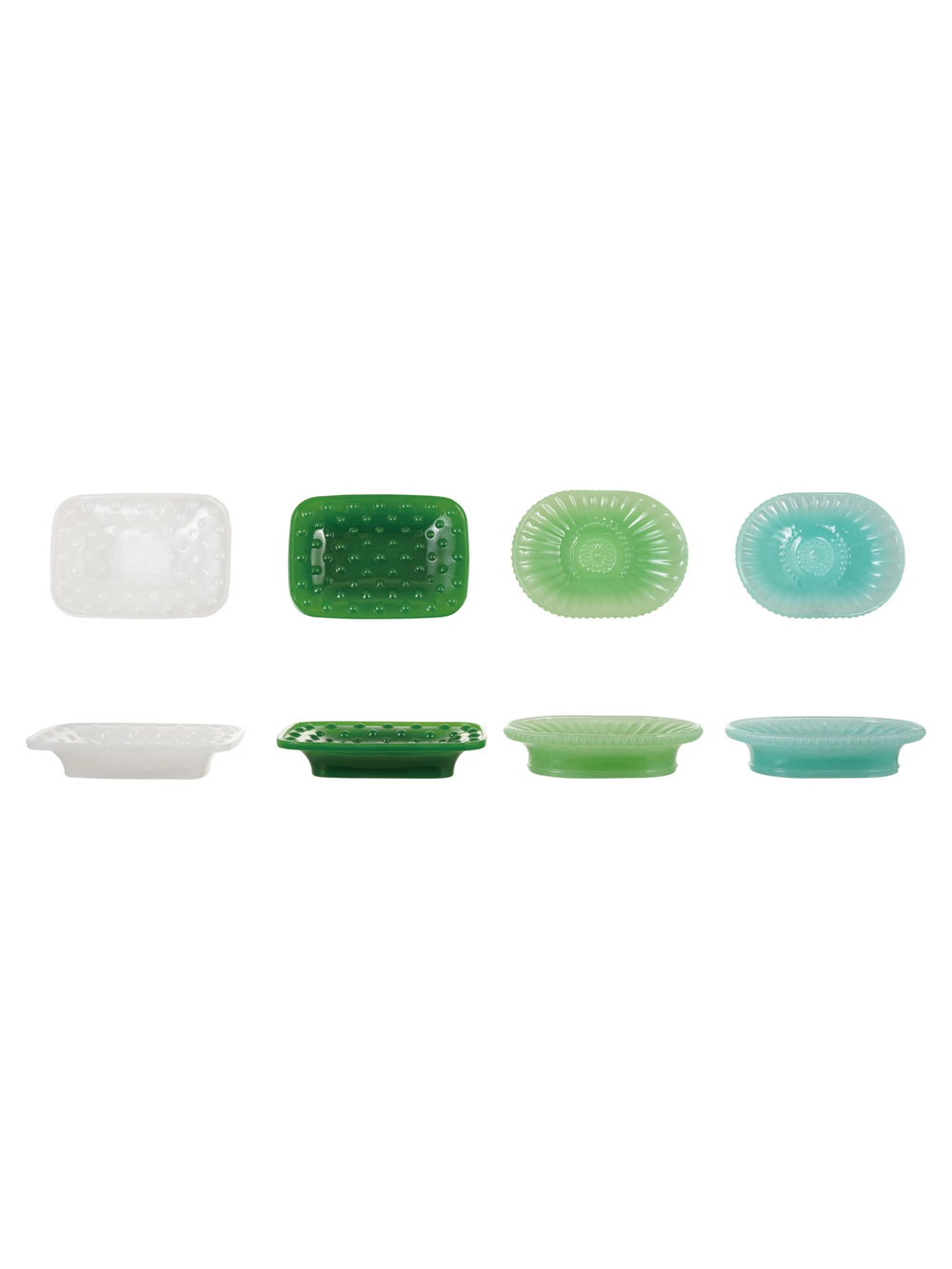 Vintage-inspired opaque milk glass footed soap dish with raised dot and sunburst detailing, available in blue and green.