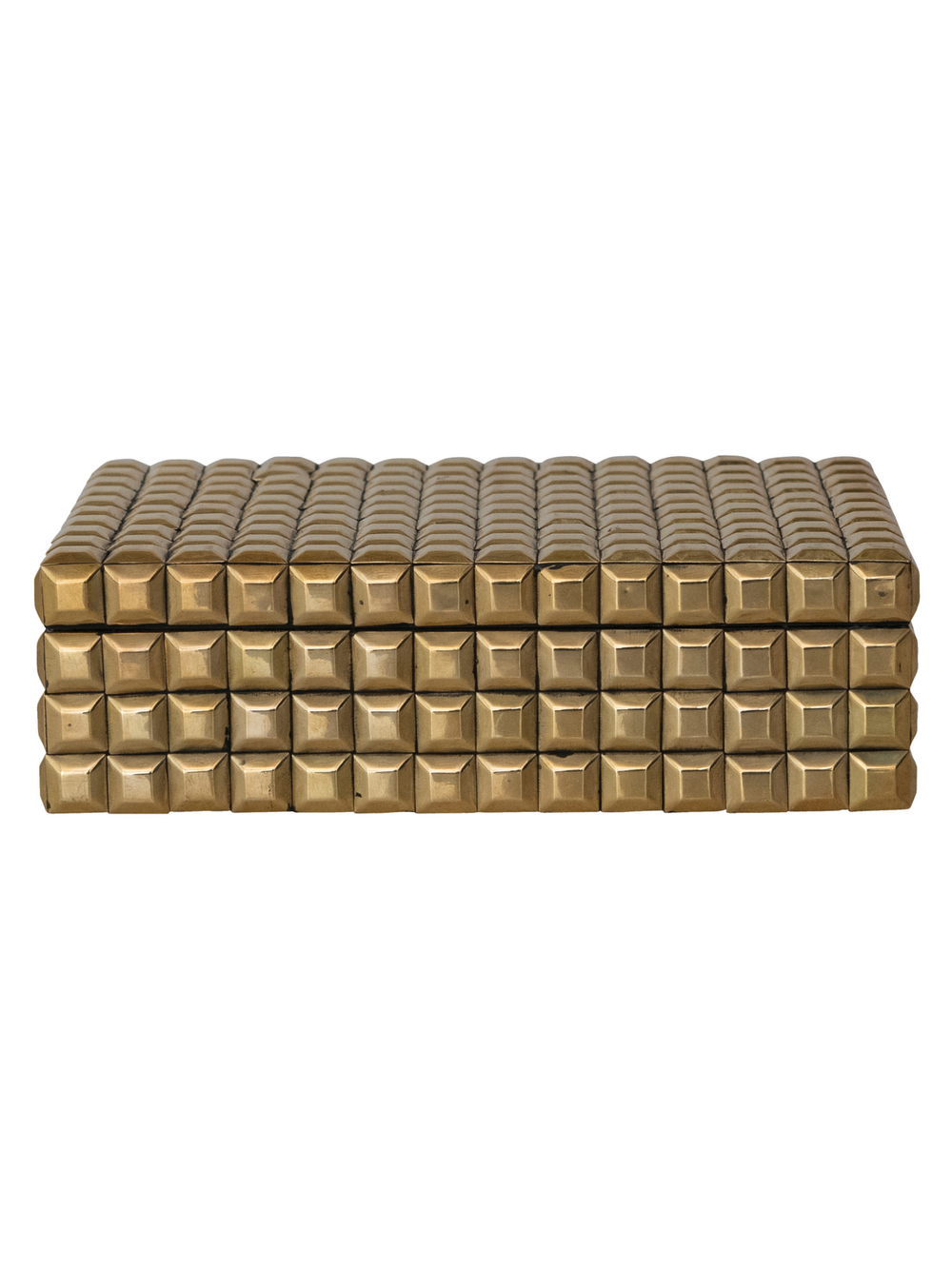 Decorative rectangular storage box with a raised geometric stud pattern in an antique gold finish and removable lid.