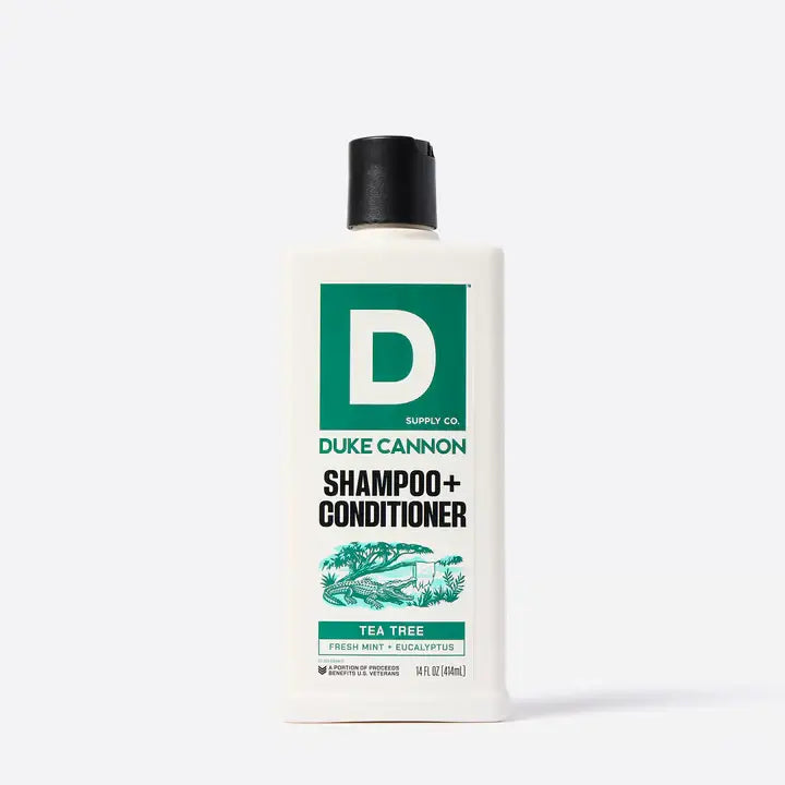 Duke Cannon shampoo and conditioner bottle on a white background