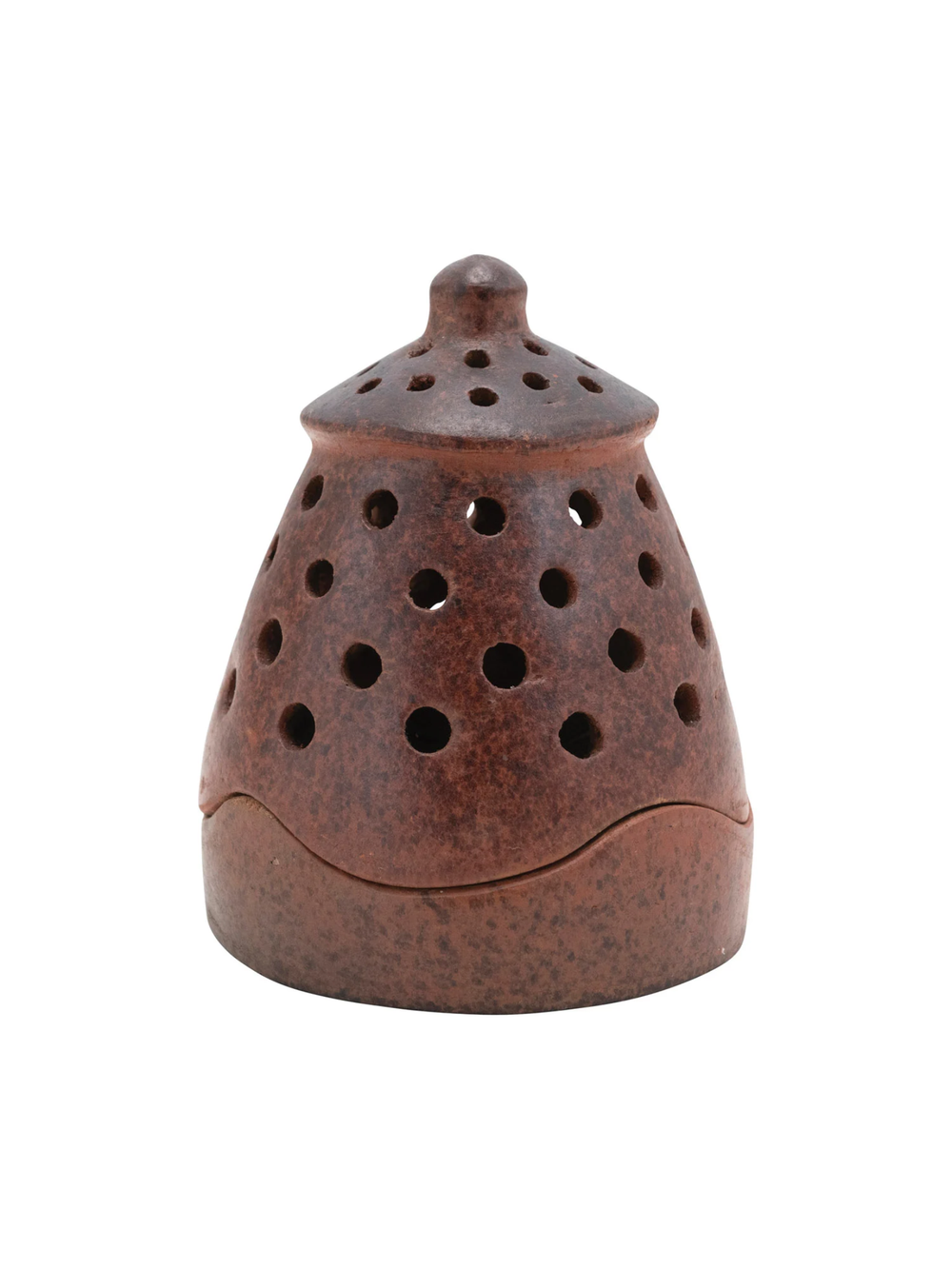Rustic brown terracotta tealight lantern with a removable domed top and decorative pierced-dot pattern, designed to create a warm ambient glow in farmhouse, cottage, or boho-inspired spaces.