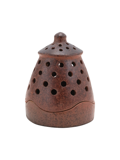 Rustic brown terracotta tealight lantern with a removable domed top and decorative pierced-dot pattern, designed to create a warm ambient glow in farmhouse, cottage, or boho-inspired spaces.