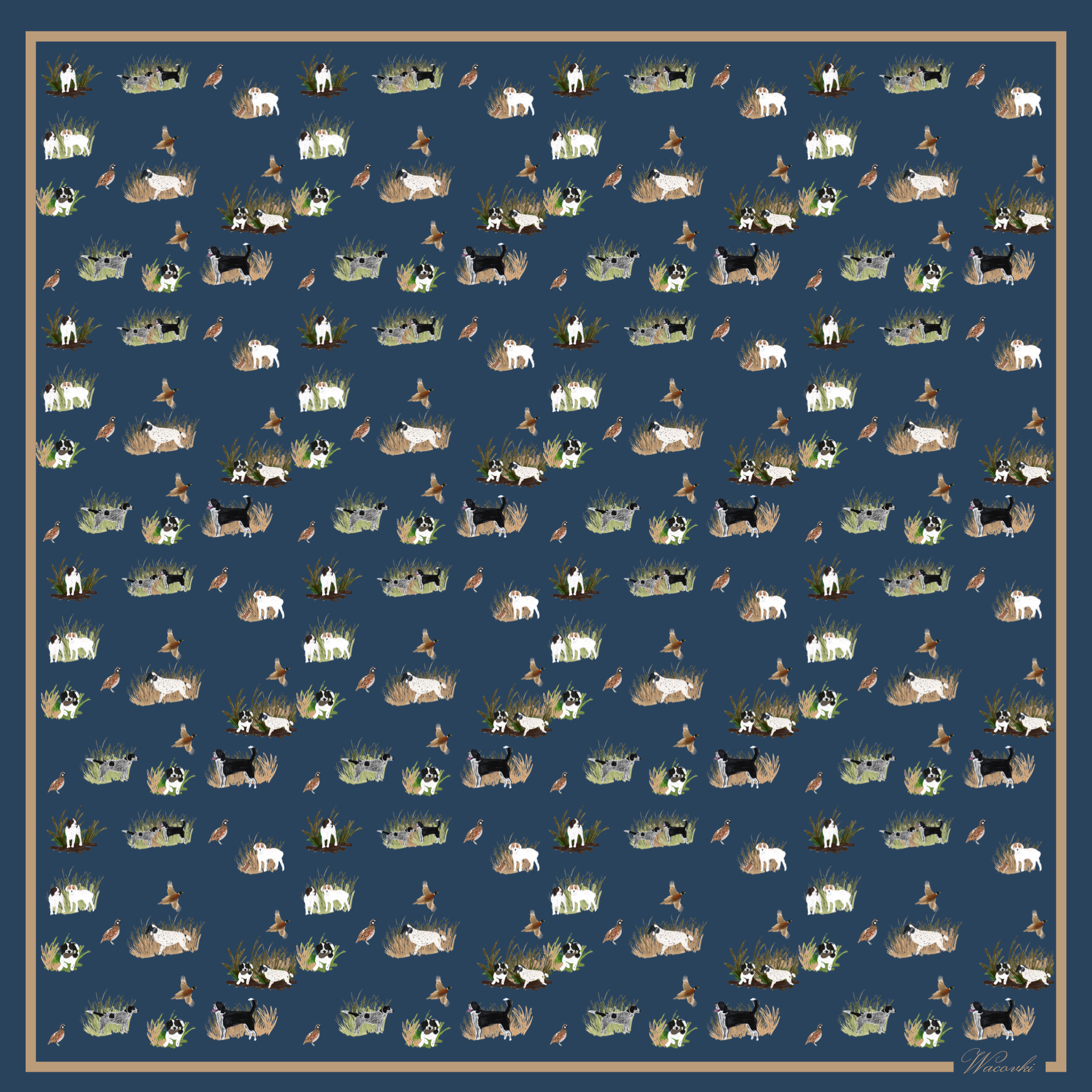 Navy satin neck scarf featuring an illustrated print of bird dogs, game birds, and grassy field scenes