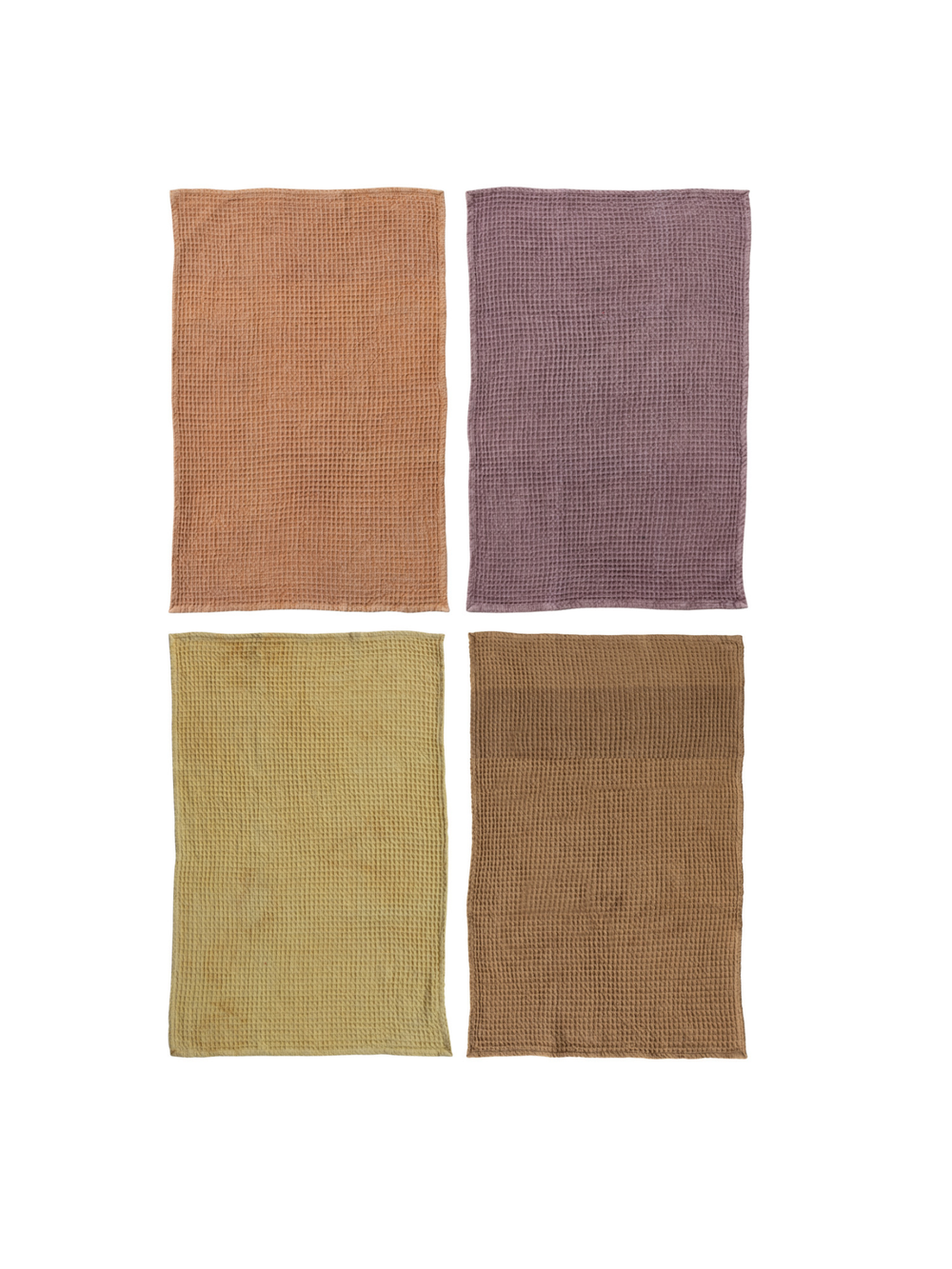 Set of four waffle weave cotton kitchen towels in blush pink, mauve, sage green, and caramel brown, featuring a textured design for absorbent everyday kitchen use.