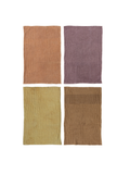 Set of four waffle weave cotton kitchen towels in blush pink, mauve, sage green, and caramel brown, featuring a textured design for absorbent everyday kitchen use.